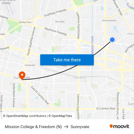 Mission College & Freedom (N) to Sunnyvale map