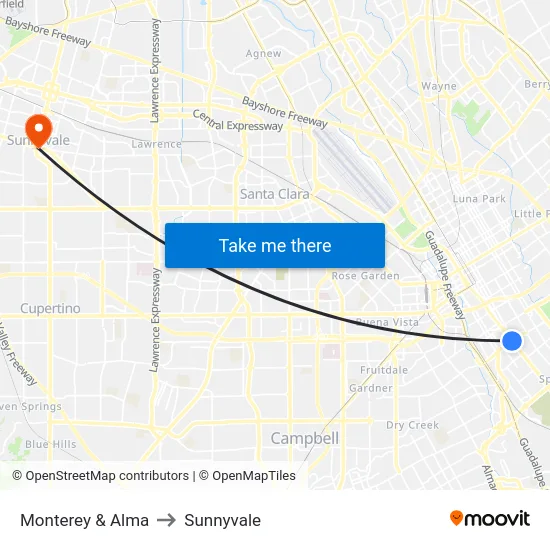 Monterey & Alma to Sunnyvale map