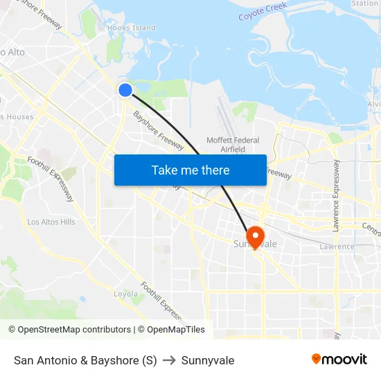 San Antonio & Bayshore (S) to Sunnyvale map