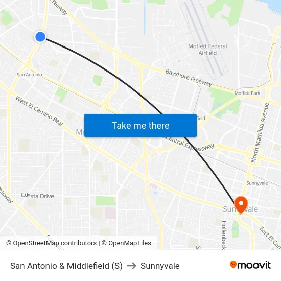 San Antonio & Middlefield (S) to Sunnyvale map