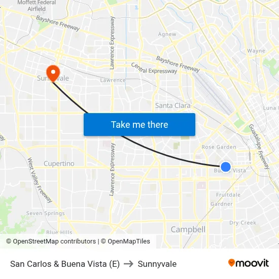 San Carlos & Buena Vista (E) to Sunnyvale map