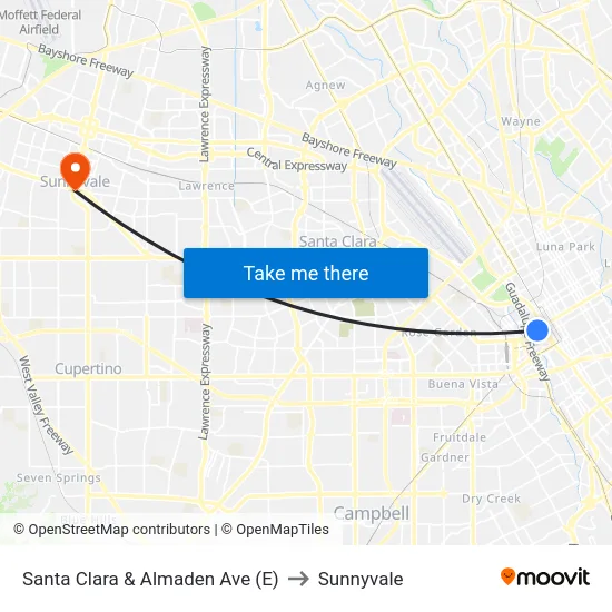 Santa Clara & Almaden Ave (E) to Sunnyvale map