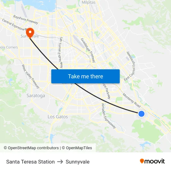 Santa Teresa Station to Sunnyvale map