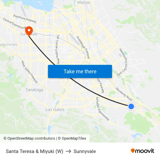 Santa Teresa & Miyuki (W) to Sunnyvale map