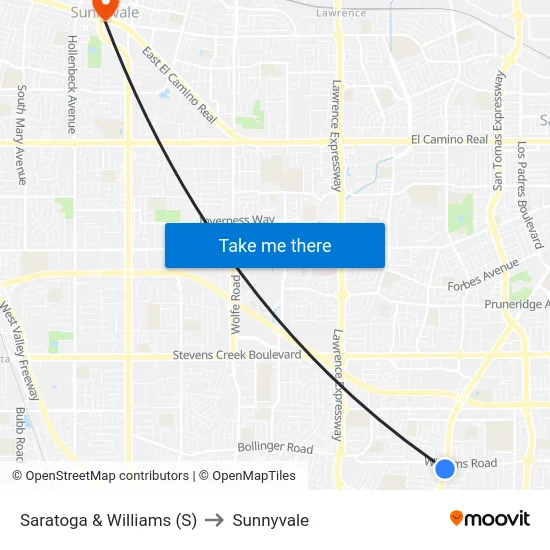 Saratoga & Williams (S) to Sunnyvale map