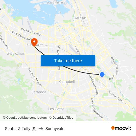 Senter & Tully (S) to Sunnyvale map