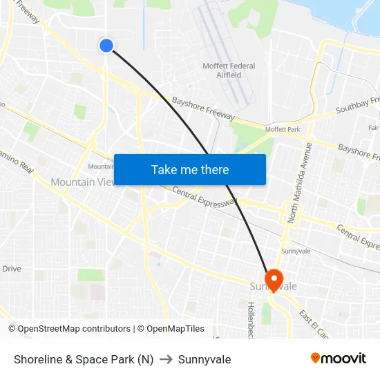 Shoreline & Space Park (N) to Sunnyvale map