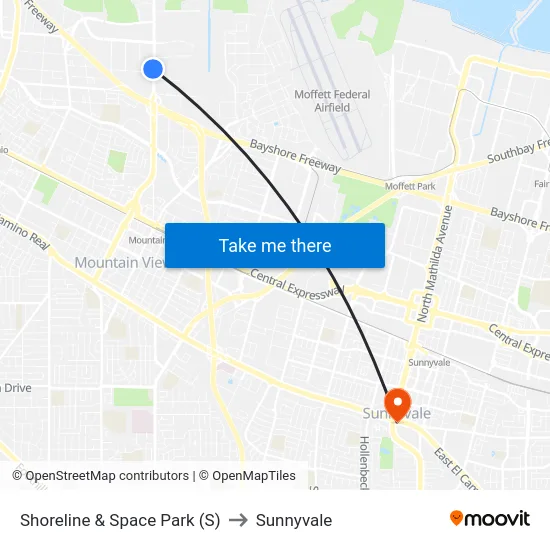 Shoreline & Space Park (S) to Sunnyvale map