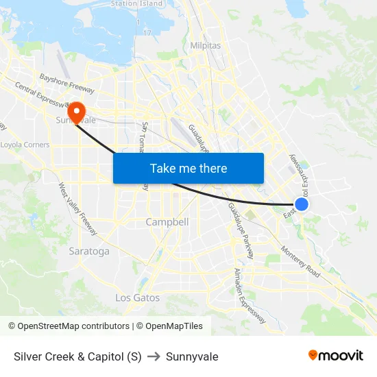 Silver Creek & Capitol (S) to Sunnyvale map