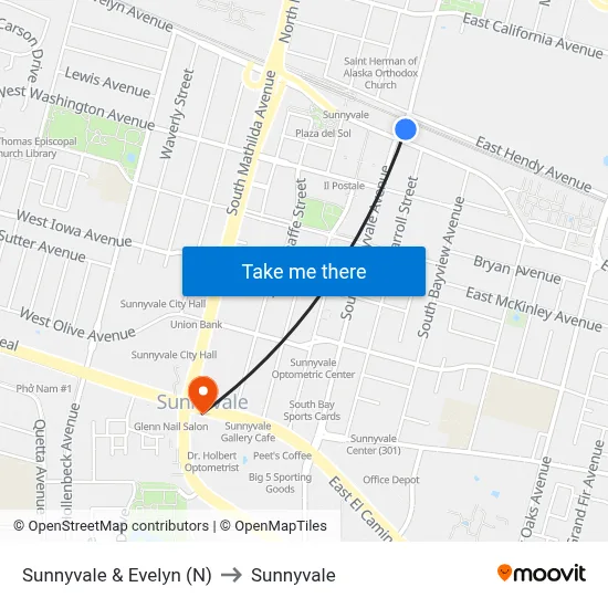 Sunnyvale & Evelyn (N) to Sunnyvale map