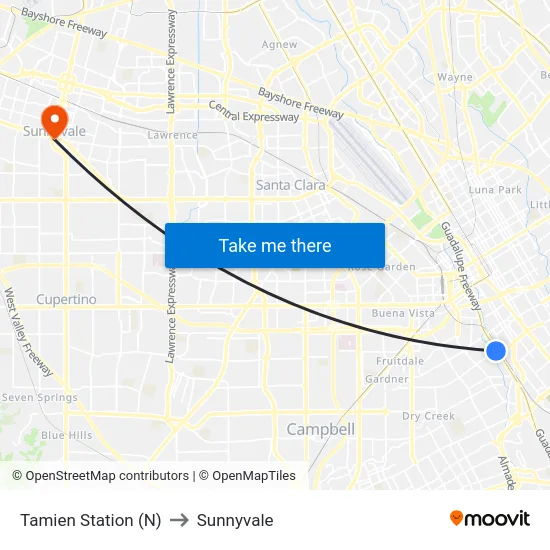 Tamien Station (N) to Sunnyvale map