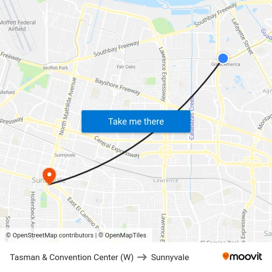 Tasman & Convention Center (W) to Sunnyvale map