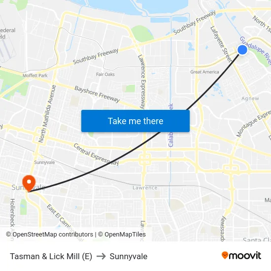 Tasman & Lick Mill (E) to Sunnyvale map
