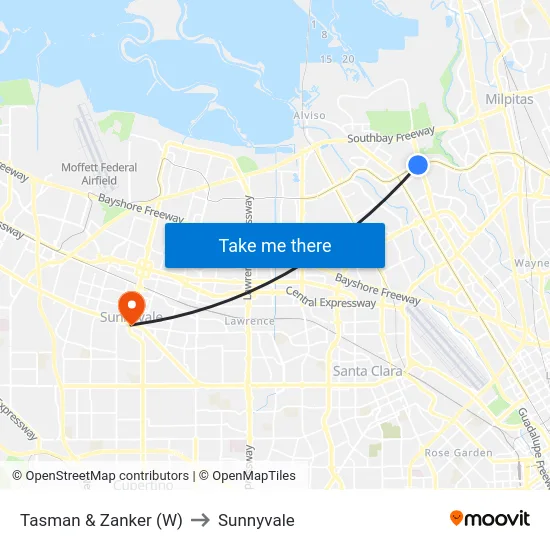 Tasman & Zanker (W) to Sunnyvale map