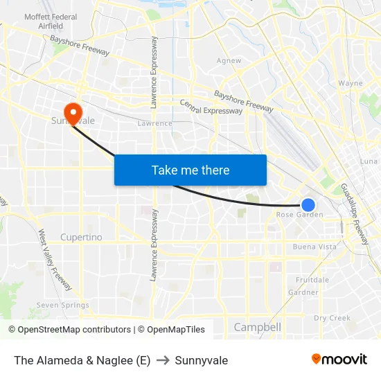 The Alameda & Naglee (E) to Sunnyvale map