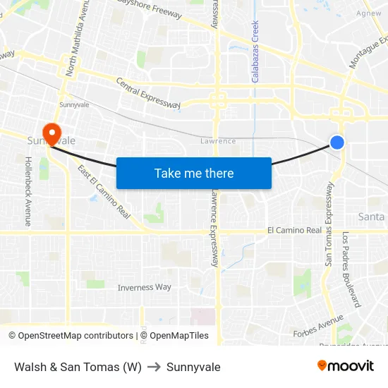 Walsh & San Tomas (W) to Sunnyvale map