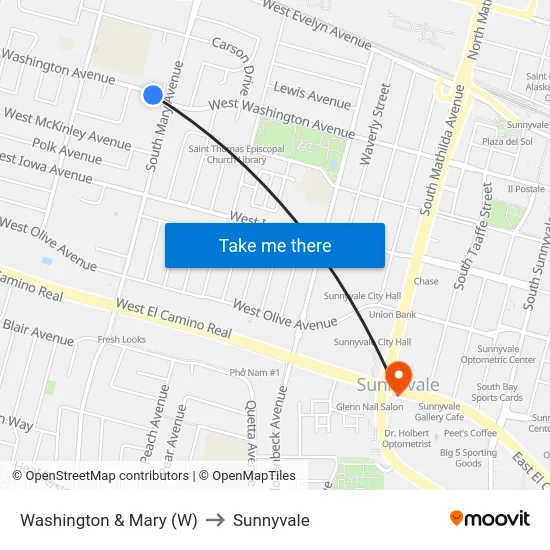 Washington & Mary (W) to Sunnyvale map