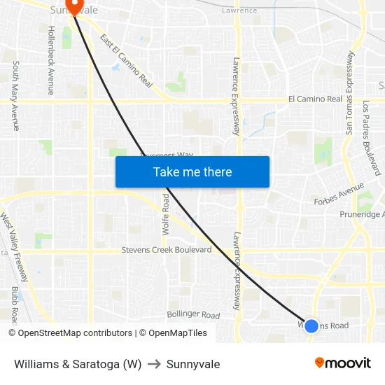 Williams & Saratoga (W) to Sunnyvale map