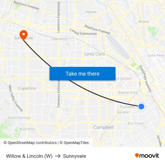 Willow & Lincoln (W) to Sunnyvale map