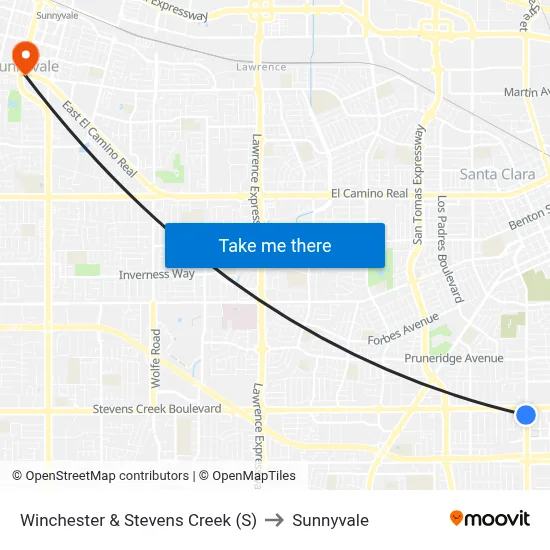 Winchester & Stevens Creek (S) to Sunnyvale map