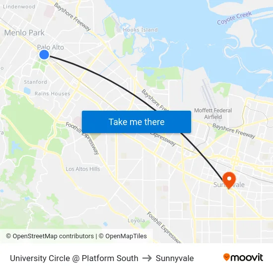 University Circle @ Platform South to Sunnyvale map
