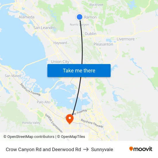 Crow Canyon Rd and Deerwood Rd to Sunnyvale map