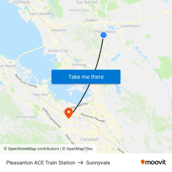 Pleasanton ACE Train Station to Sunnyvale map