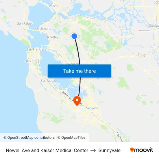 Newell Ave and Kaiser Medical Center to Sunnyvale map