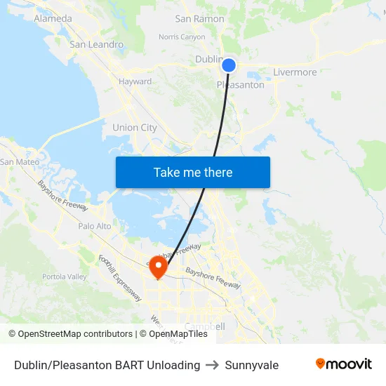 Dublin/Pleasanton BART Unloading to Sunnyvale map