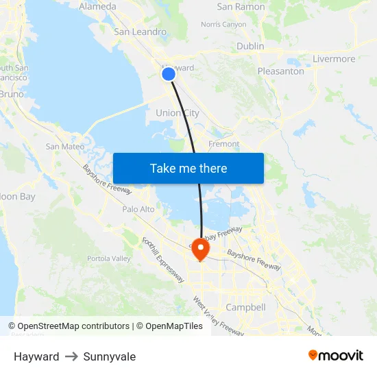 Hayward to Sunnyvale map