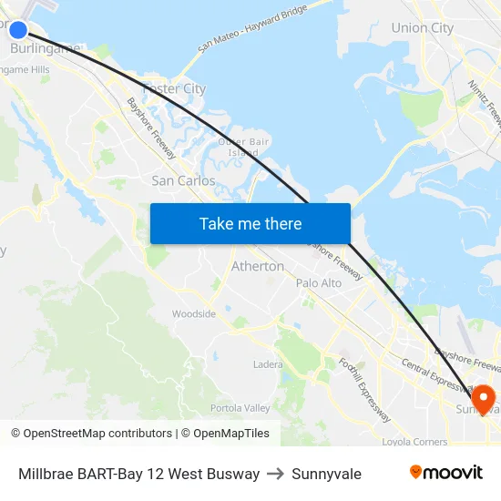 Millbrae BART-Bay 12 West Busway to Sunnyvale map