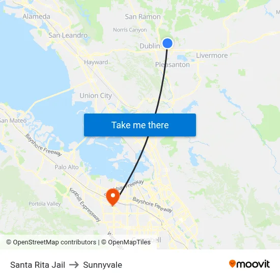 Santa Rita Jail to Sunnyvale map