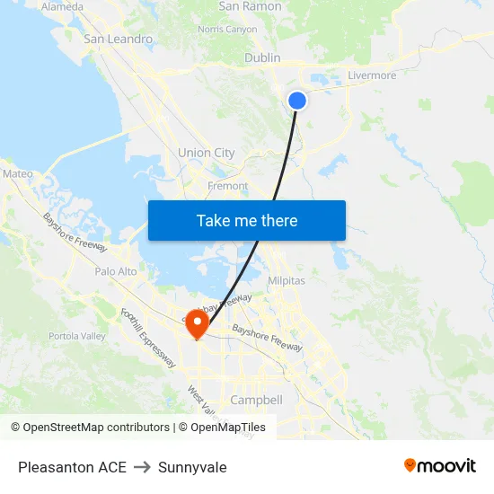 Pleasanton ACE to Sunnyvale map