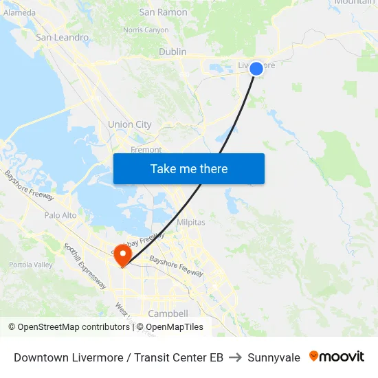 Downtown Livermore / Transit Center EB to Sunnyvale map