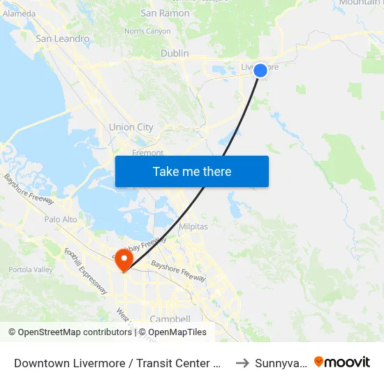 Downtown Livermore / Transit Center WB to Sunnyvale map
