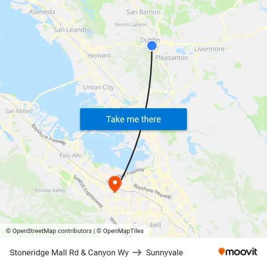 Stoneridge Mall Rd & Canyon Wy to Sunnyvale map