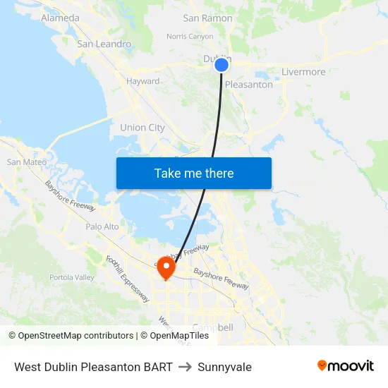 West Dublin/Pleasanton BART to Sunnyvale map