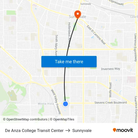 De Anza College Transit Center to Sunnyvale map