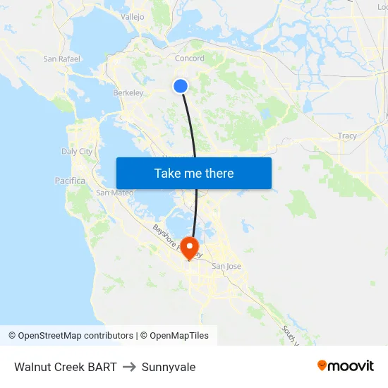 Walnut Creek BART to Sunnyvale map