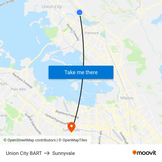 Union City BART to Sunnyvale map