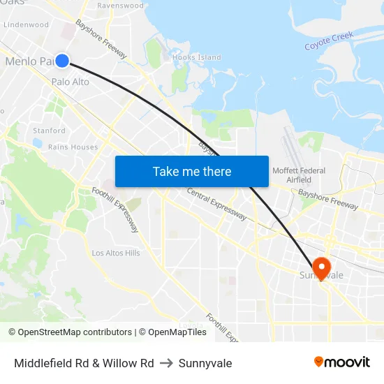 Middlefield Rd & Willow Rd to Sunnyvale map