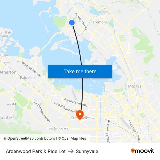 Ardenwood Park & Ride Lot to Sunnyvale map