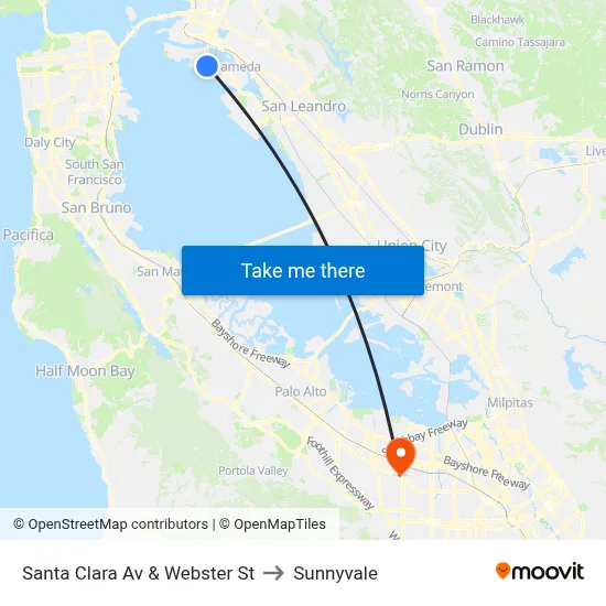 Santa Clara Av & Webster St to Sunnyvale map