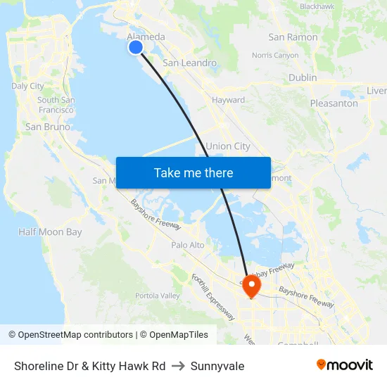 Shoreline Dr & Kitty Hawk Rd to Sunnyvale map