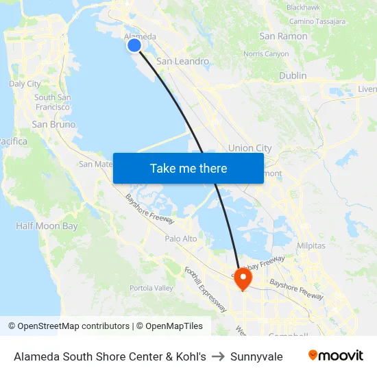 Alameda South Shore Center & Kohl's to Sunnyvale map