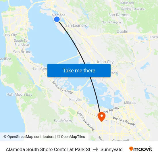 Alameda South Shore Center at Park St to Sunnyvale map