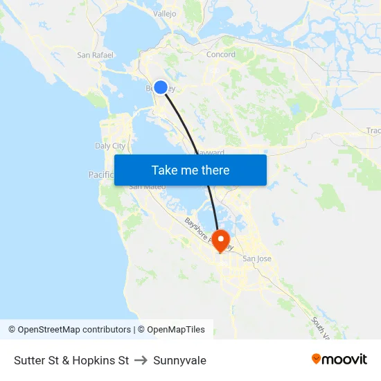 Sutter St & Hopkins St to Sunnyvale map