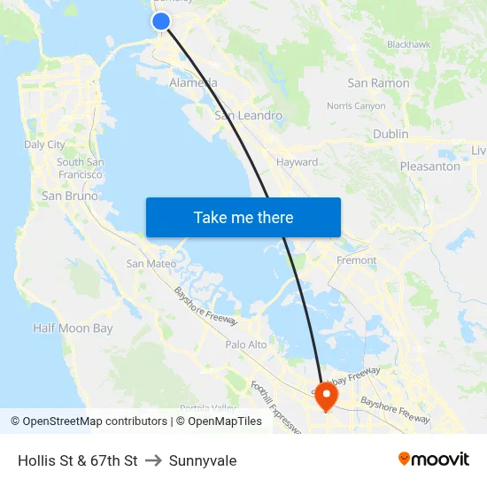 Hollis St & 67th St to Sunnyvale map