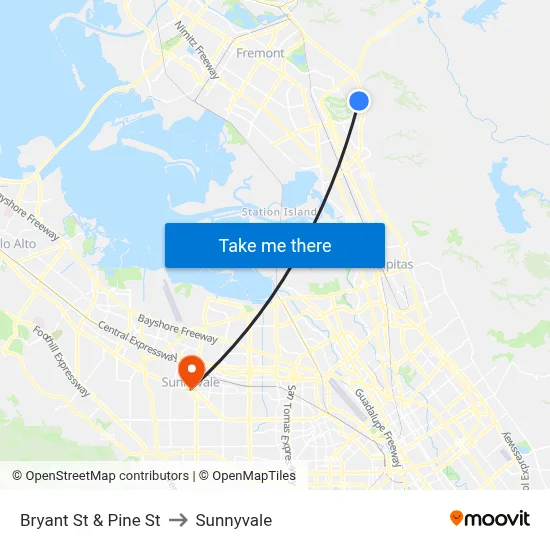 Bryant St & Pine St to Sunnyvale map