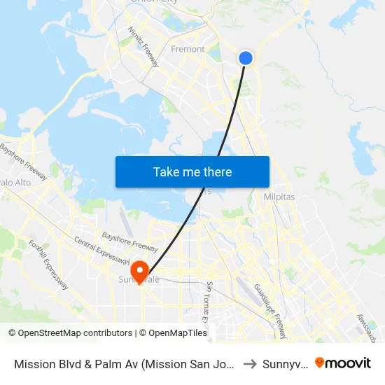 Mission Blvd & Palm Av (Mission San Jose High) to Sunnyvale map